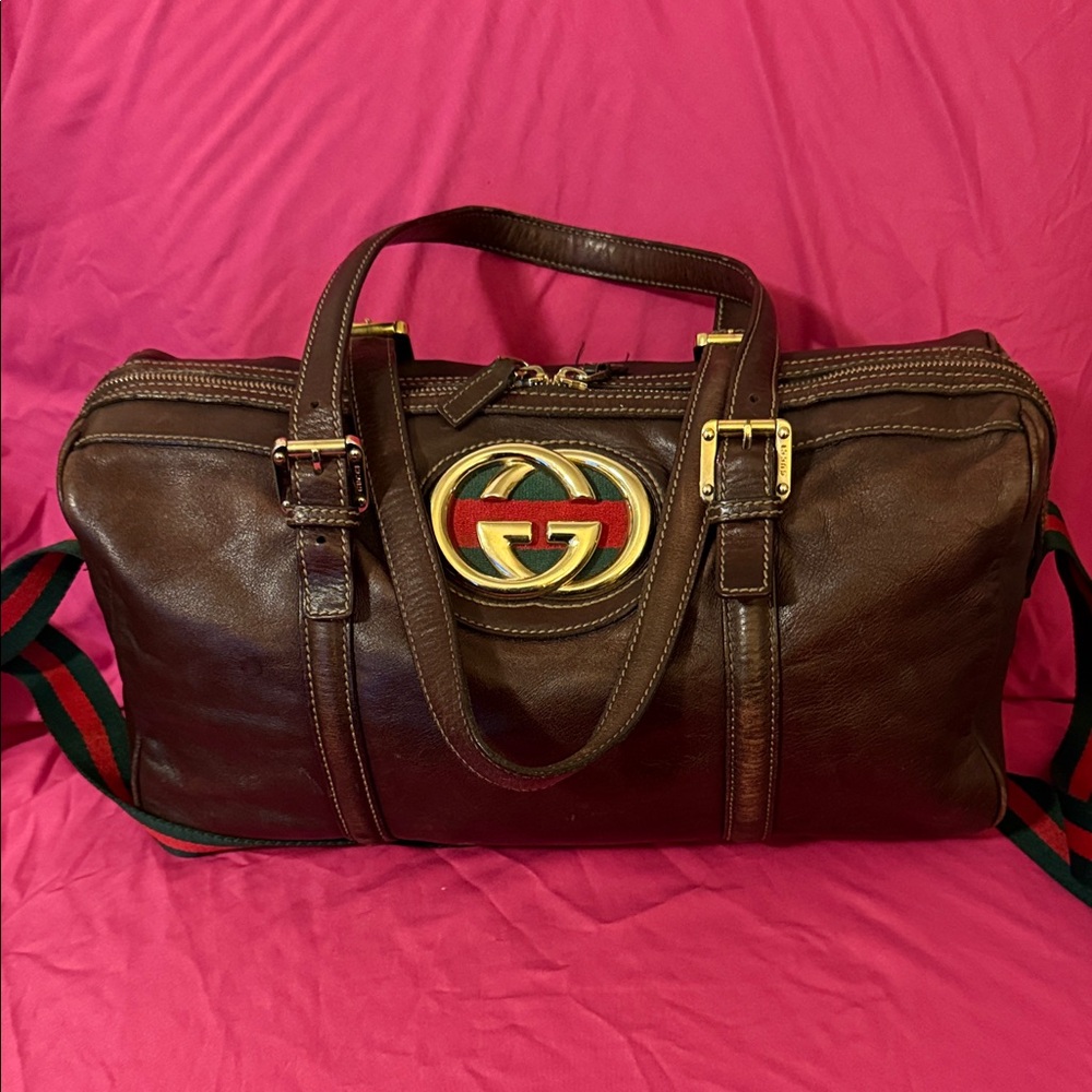 Gucci Brown Leather Duffel Bag with Green and Red Accents - Picture 2 of 16